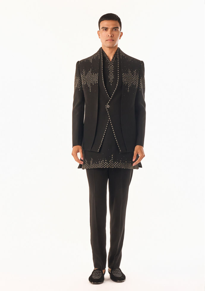 Twamev Men Black Crepe Indo-Western Set