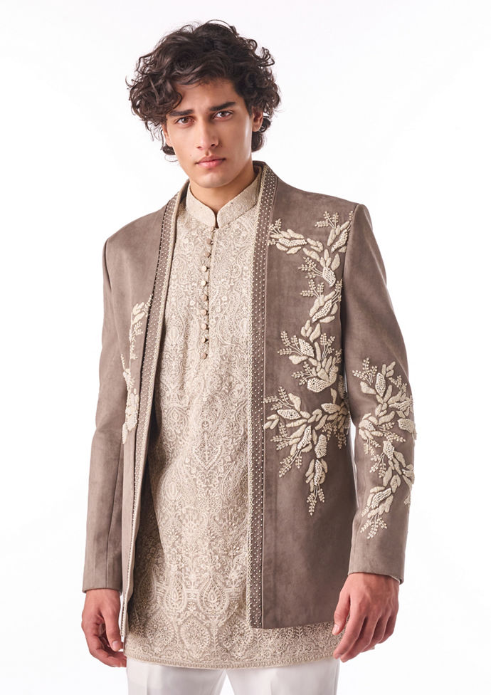 Twamev Men Grey Botanical Indo-Western