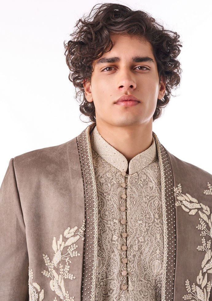 Twamev Men Grey Botanical Indo-Western