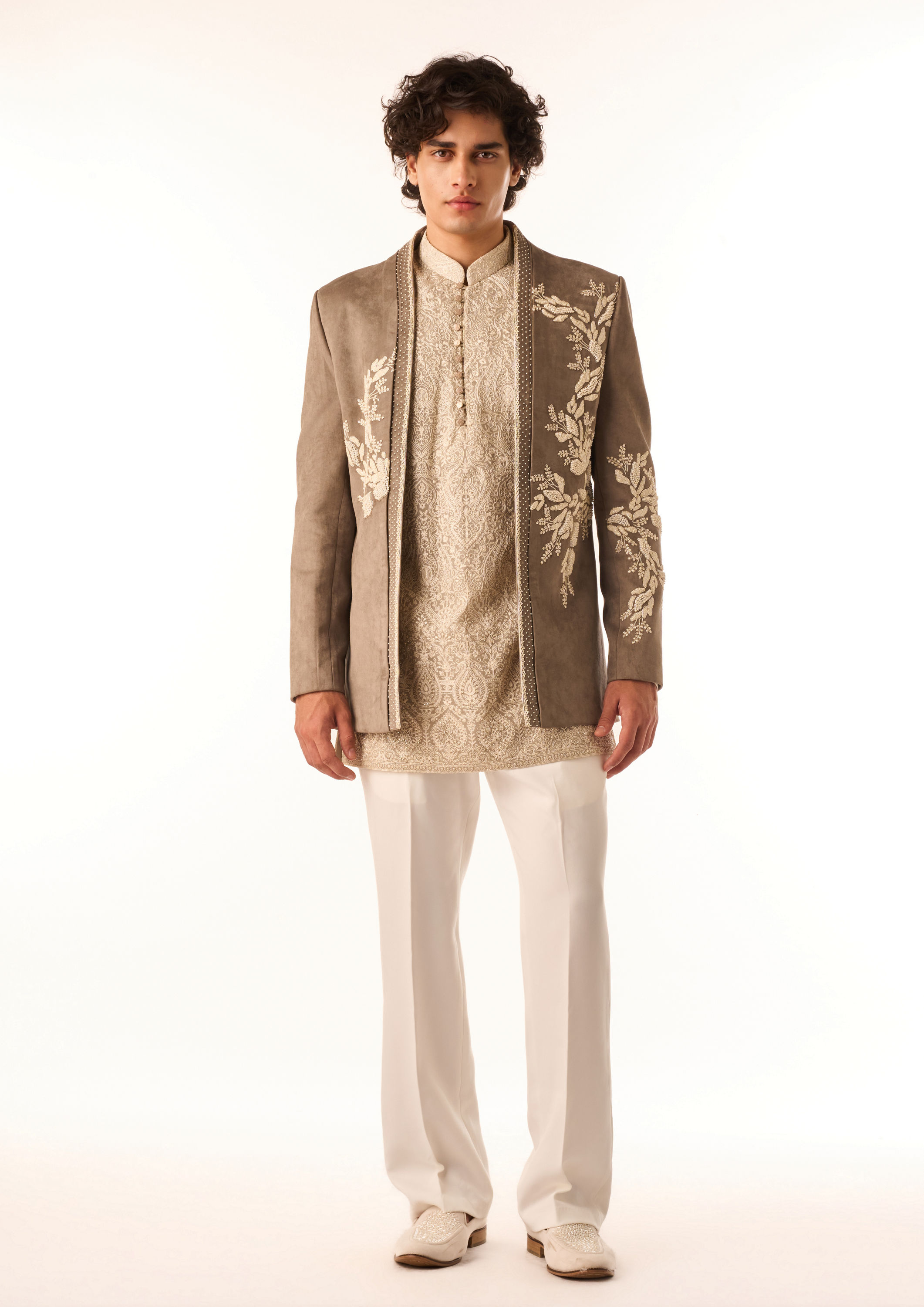 Twamev Men Grey Botanical Indo-Western
