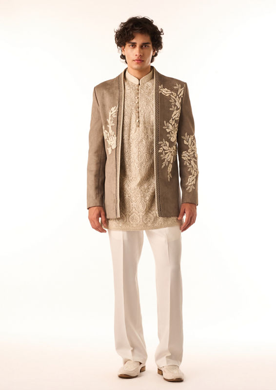 Twamev Men Grey Botanical Indo-Western