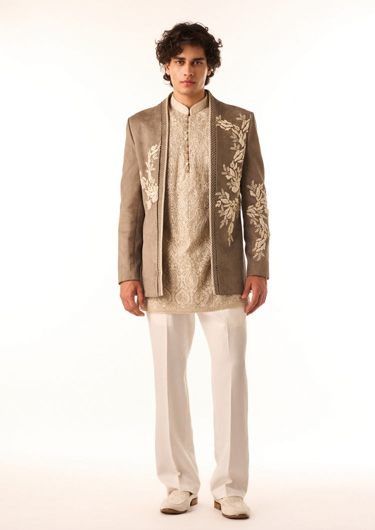 Twamev Men Grey Botanical Indo-Western