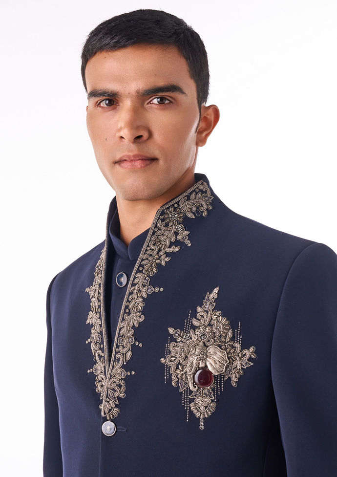Twamev Men Midnight Blue Embroidered Indo-Western