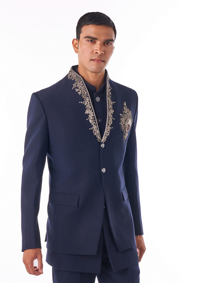 Twamev Men Midnight Blue Embroidered Indo-Western