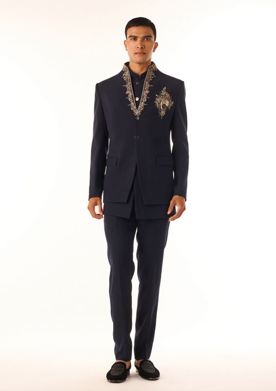 Twamev Men Midnight Blue Embroidered Indo-Western