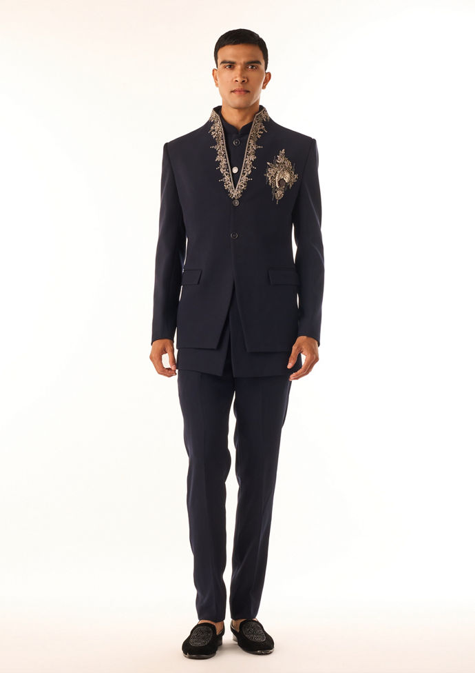 Twamev Men Midnight Blue Embroidered Indo-Western