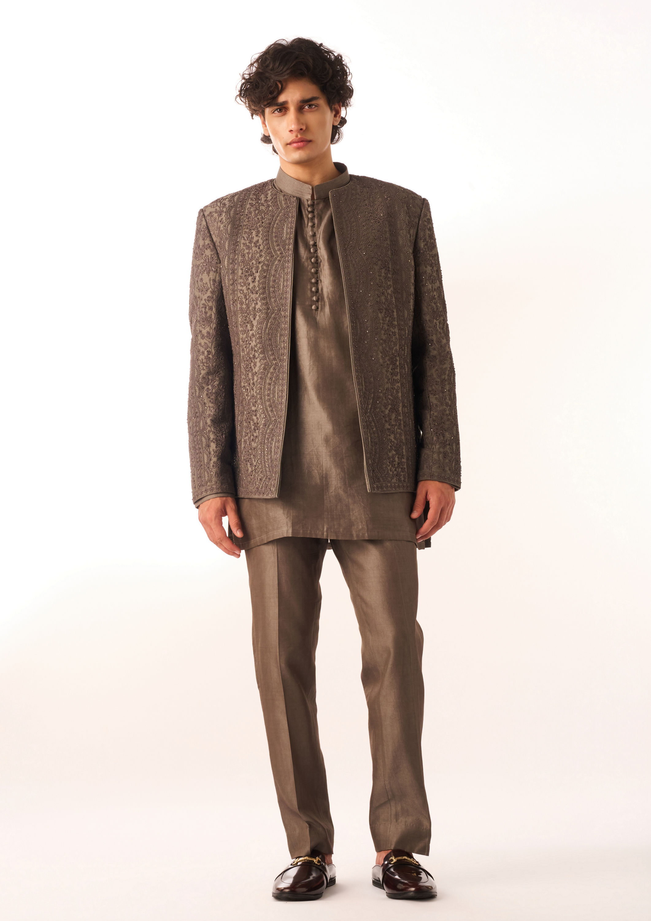 Twamev Men Purple Silk Indo-Western Set