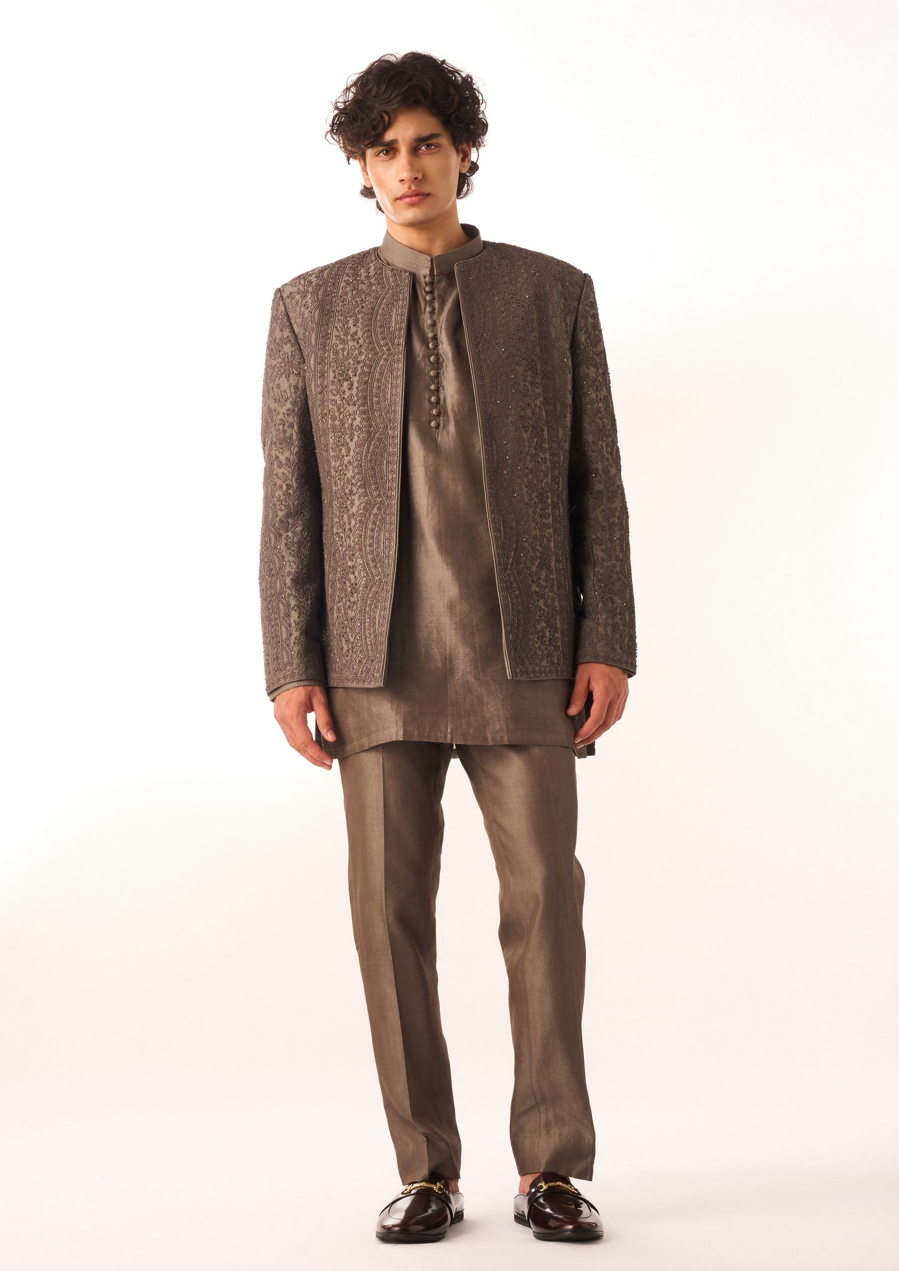 Twamev Men Purple Silk Indo-Western Set