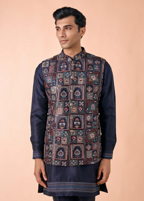 Manyavar Men Regal Blue Kurta Jacket Set