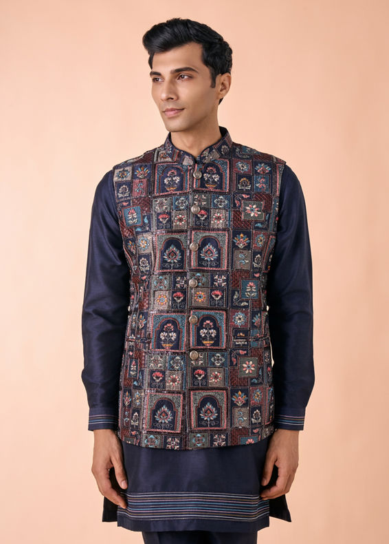 Manyavar Men Regal Blue Kurta Jacket Set