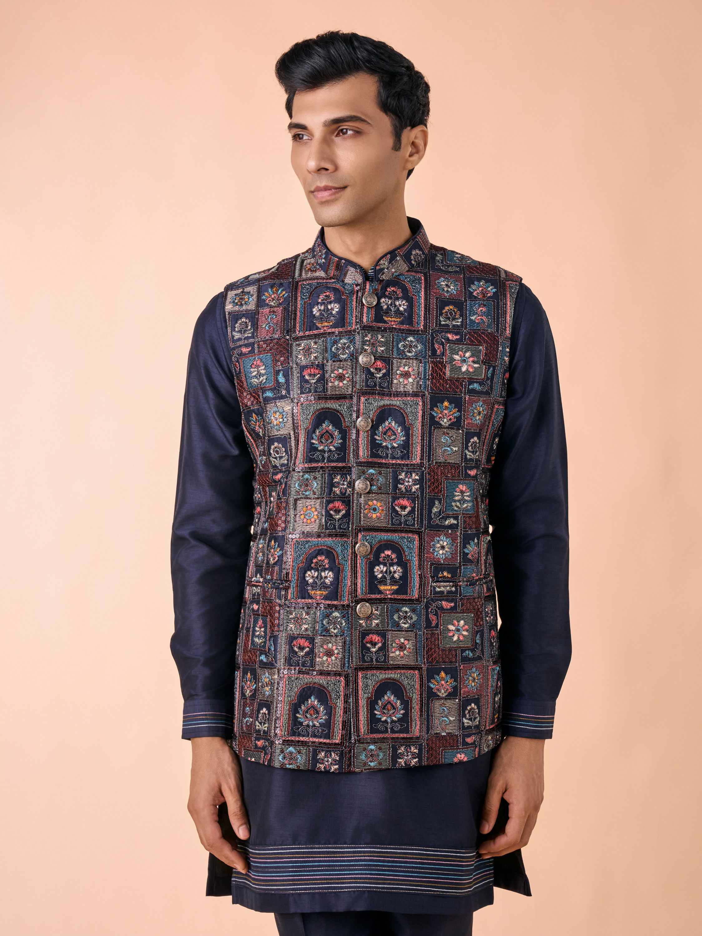 Manyavar Men Regal Blue Kurta Jacket Set
