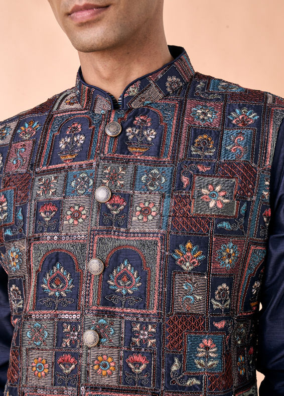 Manyavar Men Regal Blue Kurta Jacket Set