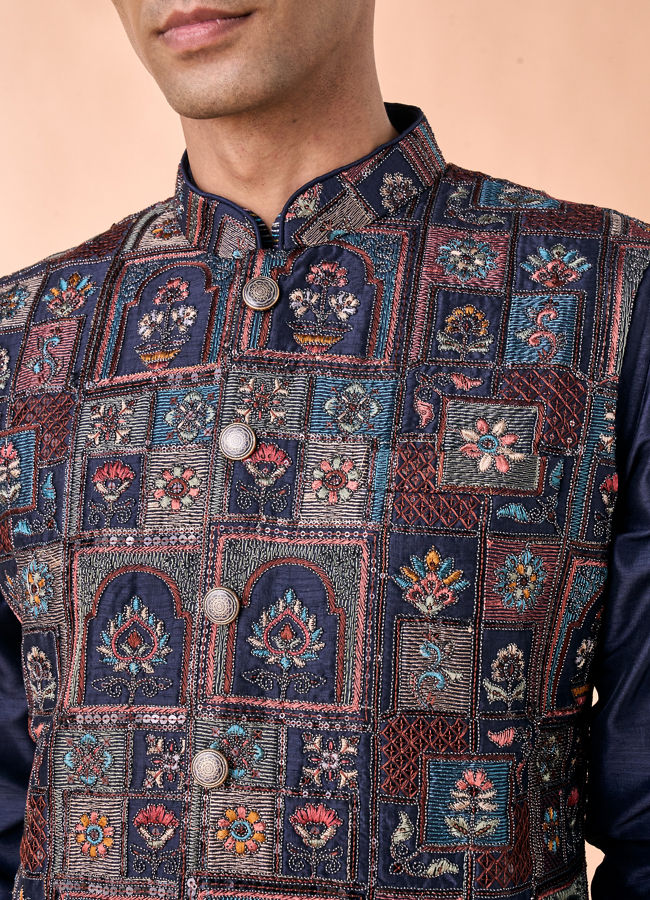 Manyavar Men Regal Blue Kurta Jacket Set