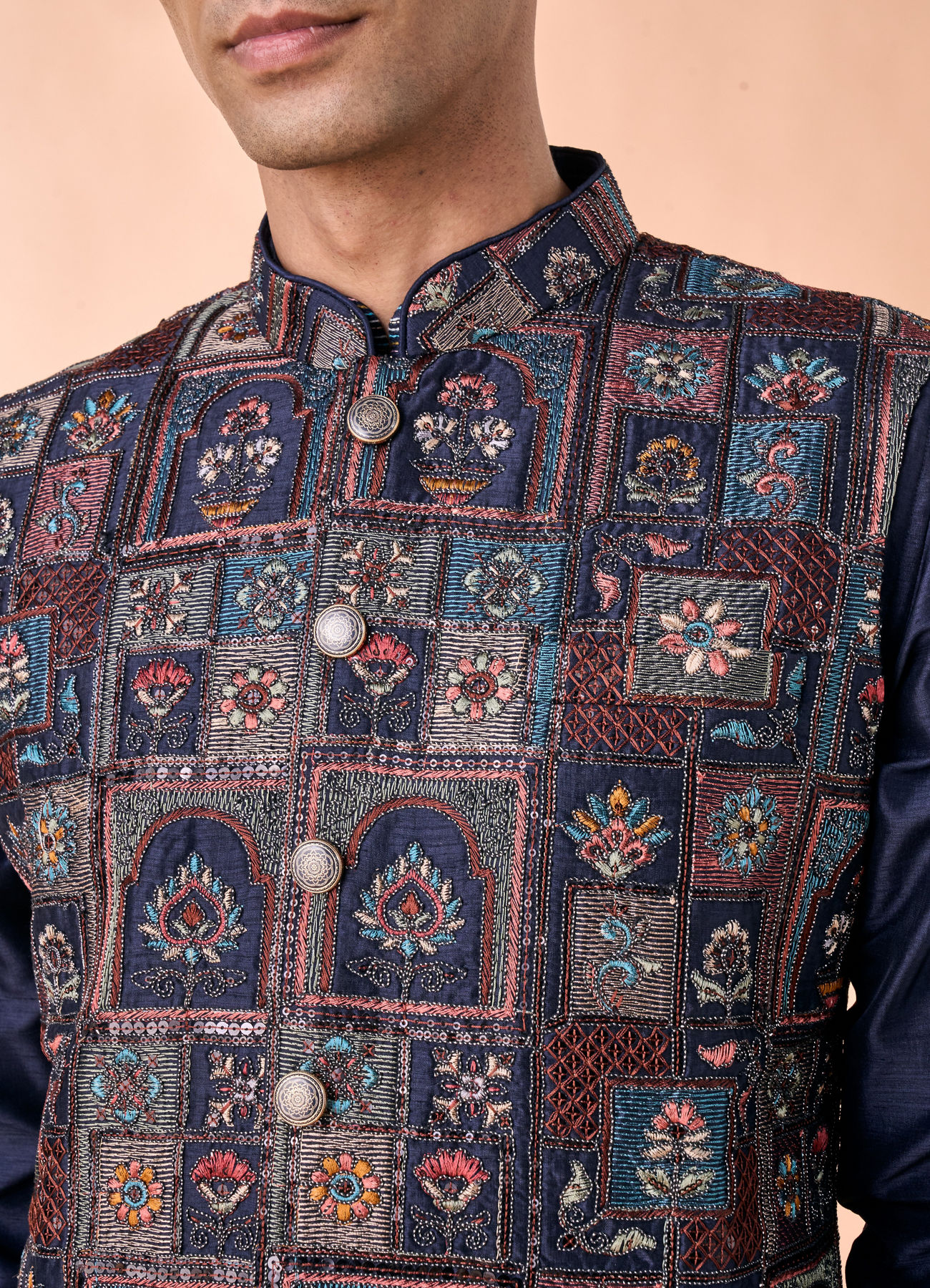 Manyavar Men Regal Blue Kurta Jacket Set