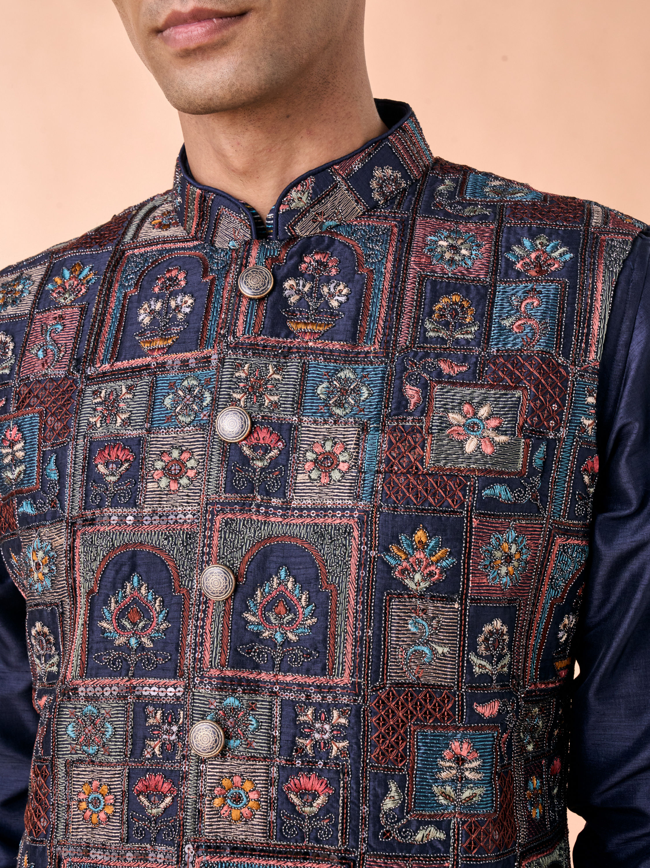 Manyavar Men Regal Blue Kurta Jacket Set