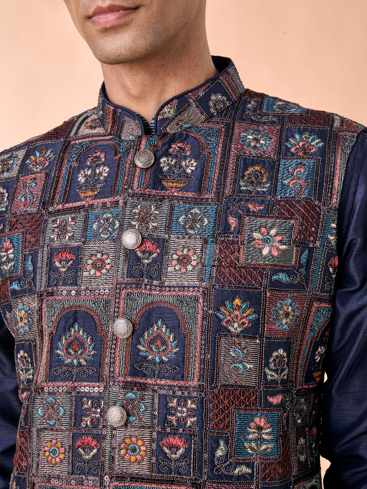 Manyavar Men Regal Blue Kurta Jacket Set