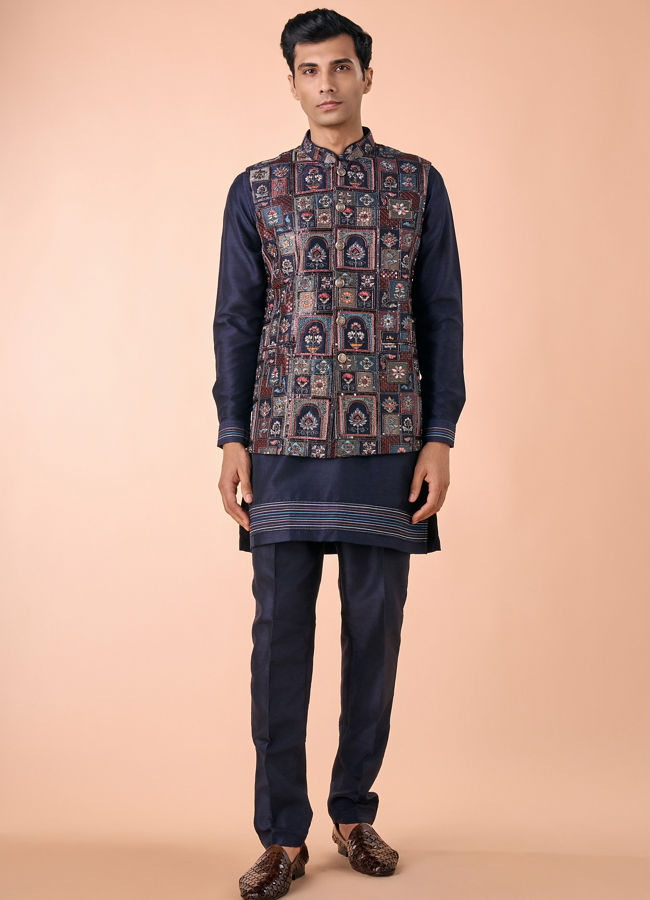Manyavar Men Regal Blue Kurta Jacket Set