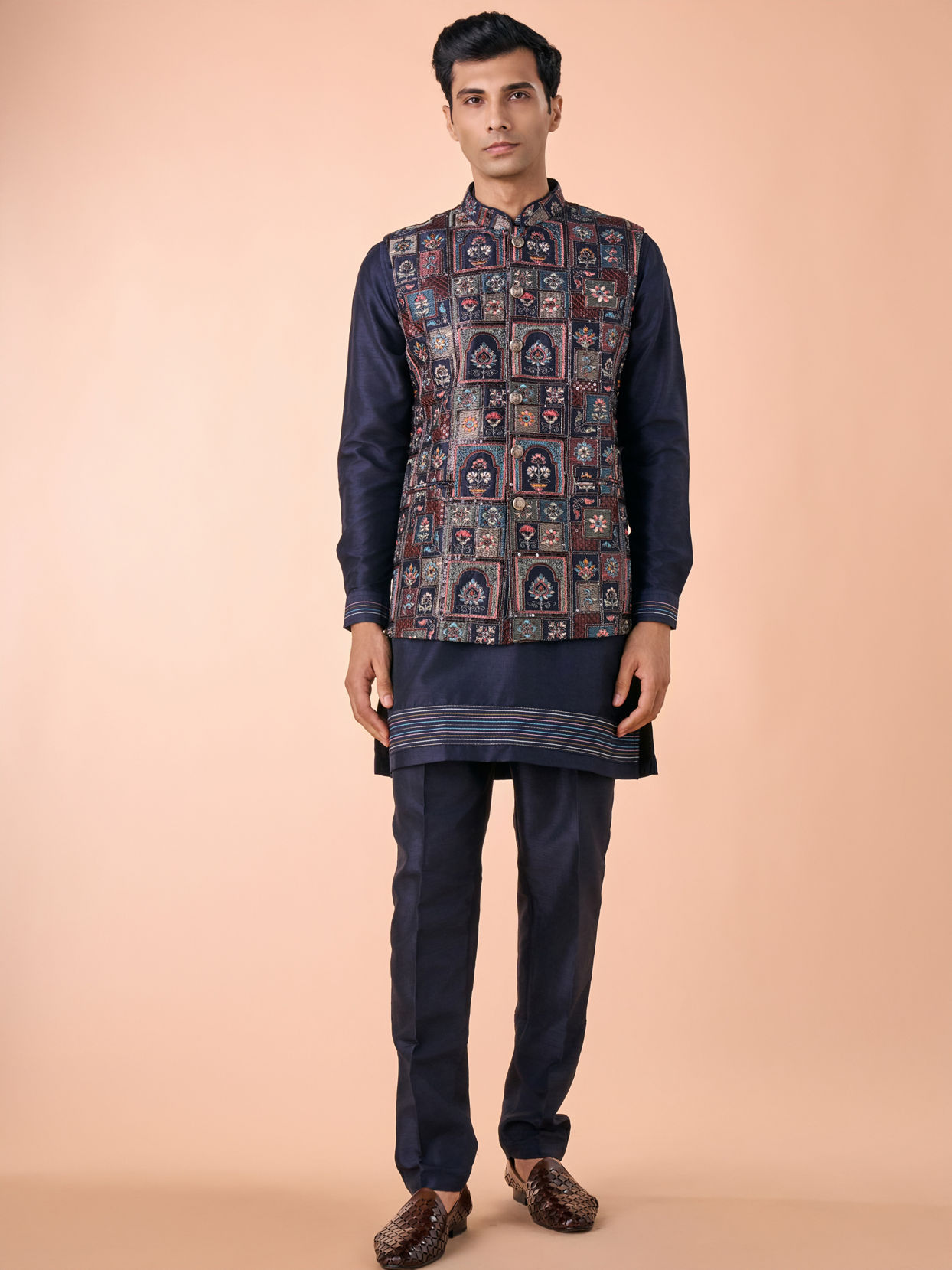 Manyavar Men Regal Blue Kurta Jacket Set