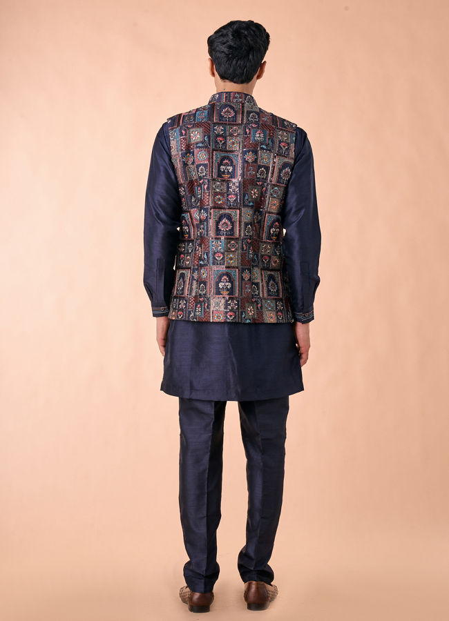 Manyavar Men Regal Blue Kurta Jacket Set