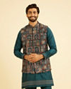 Manyavar Men Elegant Teal Blue Kurta Jacket Set