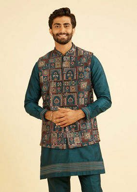 Manyavar Men Elegant Teal Blue Kurta Jacket Set
