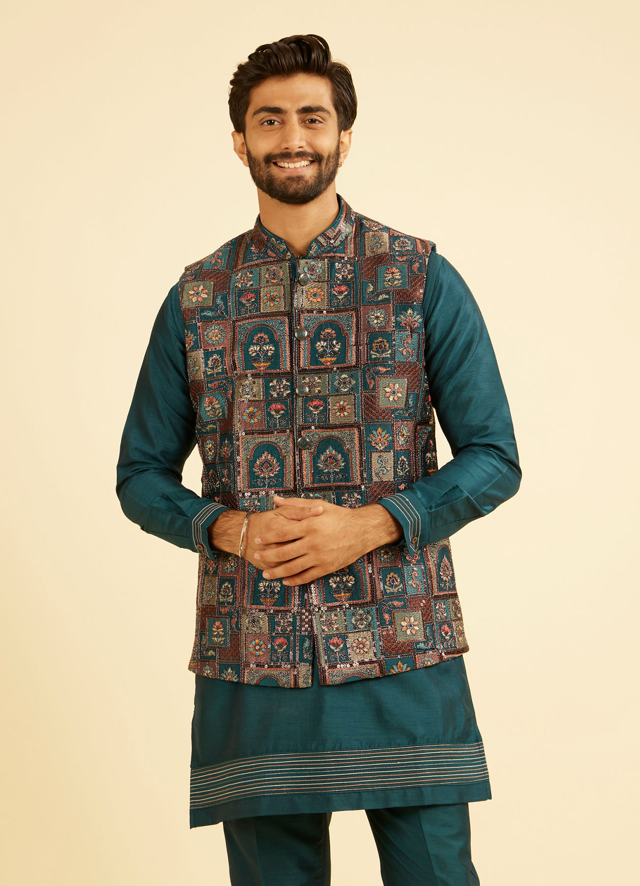 Manyavar Men Elegant Teal Blue Kurta Jacket Set