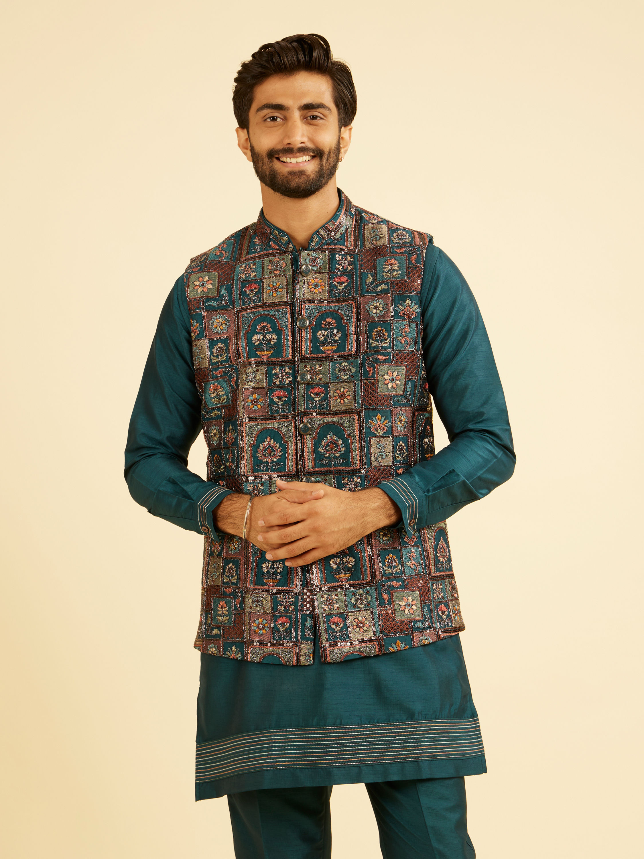Manyavar Men Elegant Teal Blue Kurta Jacket Set