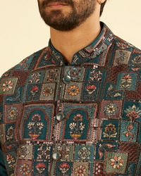 Manyavar Men Elegant Teal Blue Kurta Jacket Set