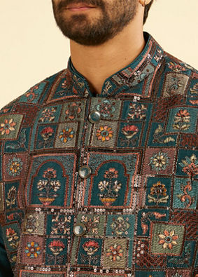 Manyavar Men Elegant Teal Blue Kurta Jacket Set