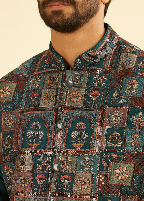 Manyavar Men Elegant Teal Blue Kurta Jacket Set