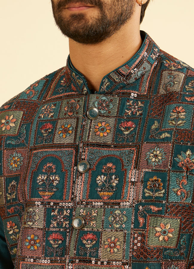Manyavar Men Elegant Teal Blue Kurta Jacket Set