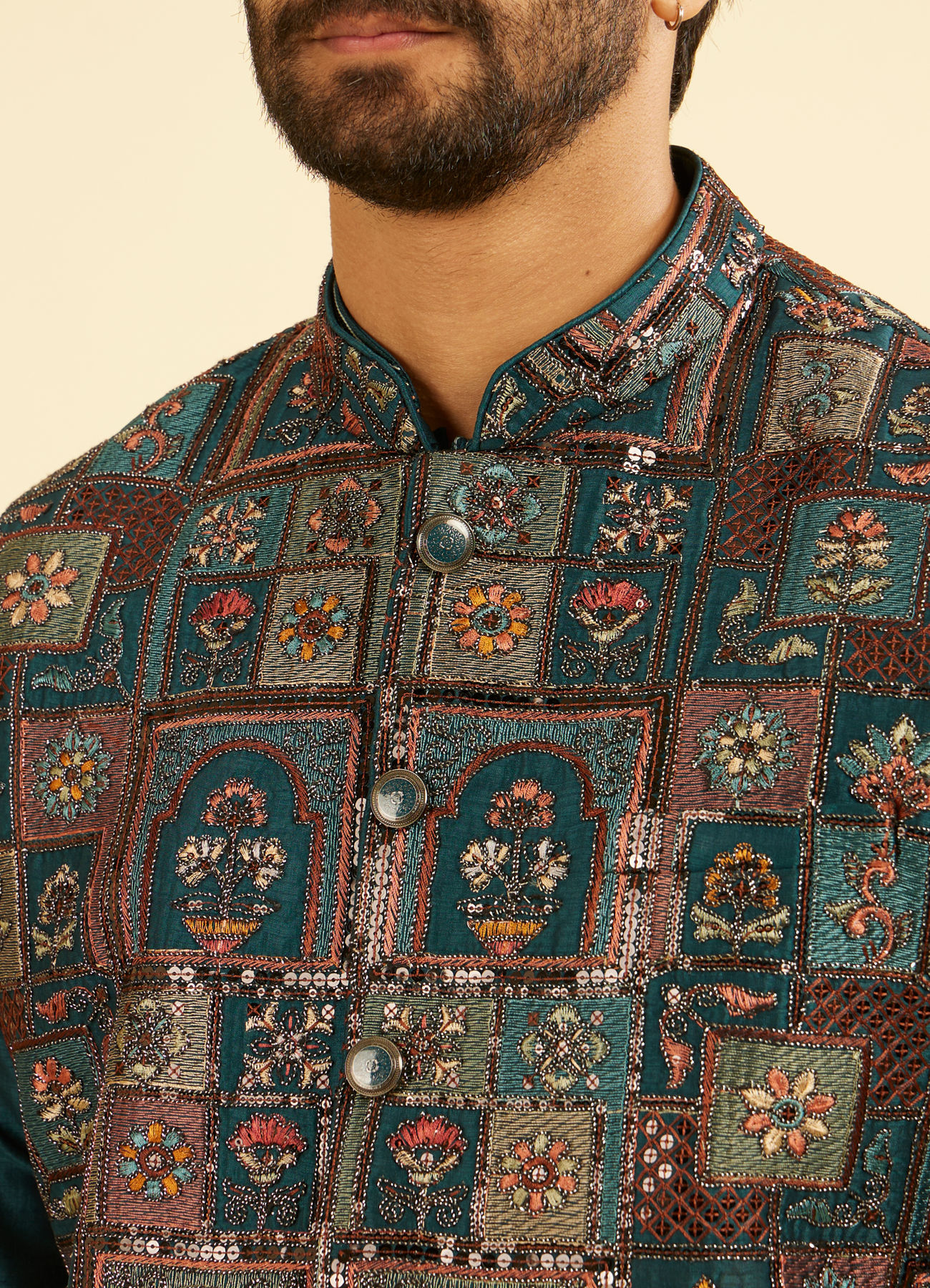 Manyavar Men Elegant Teal Blue Kurta Jacket Set