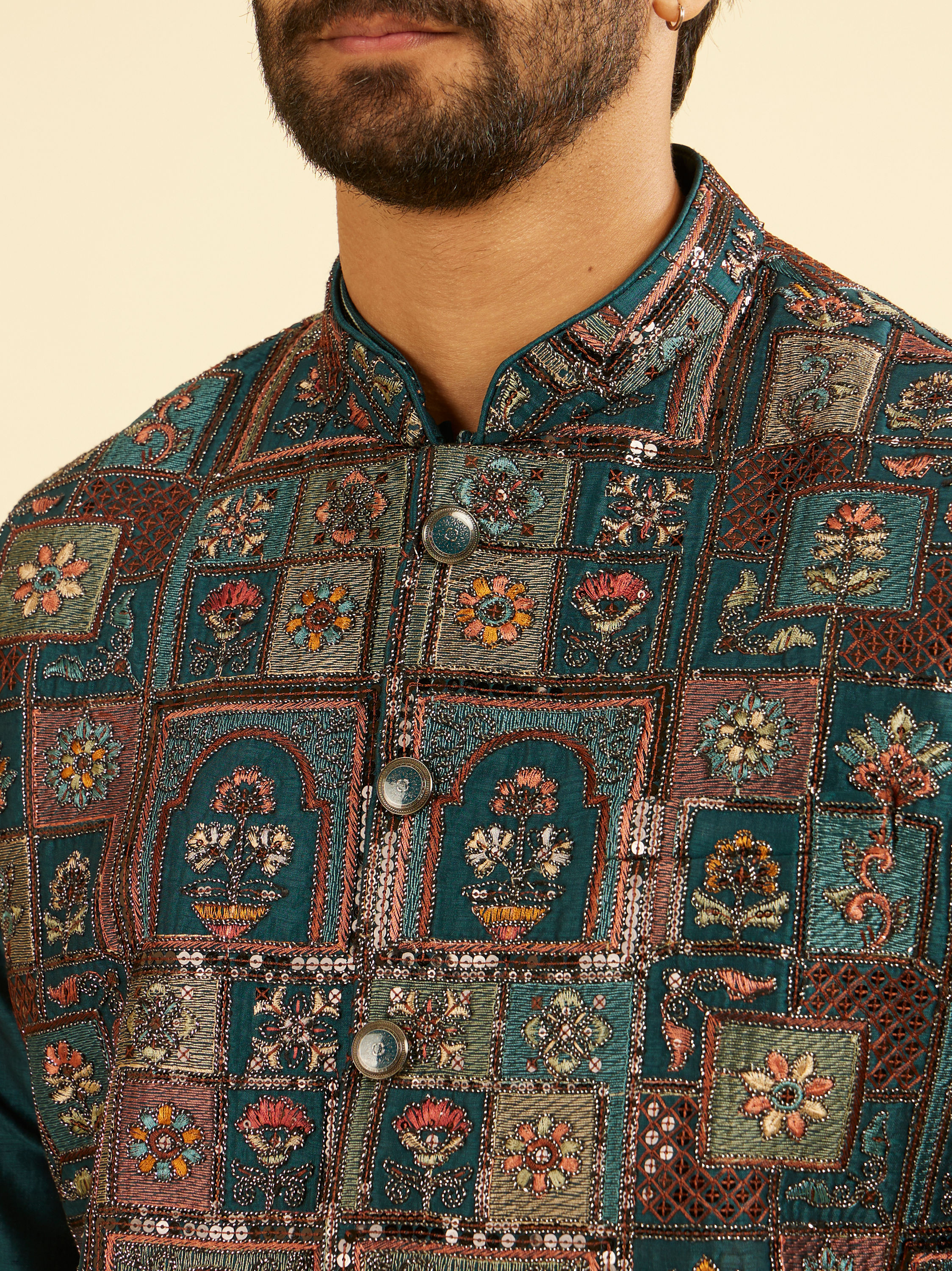 Manyavar Men Elegant Teal Blue Kurta Jacket Set
