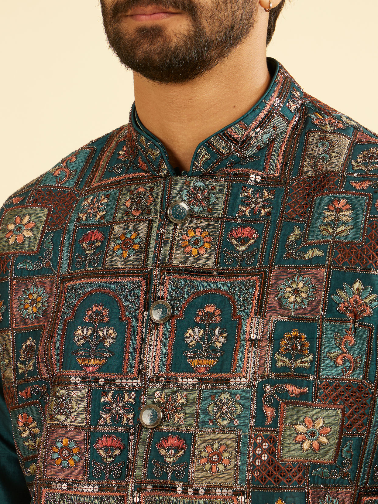 Manyavar Men Elegant Teal Blue Kurta Jacket Set