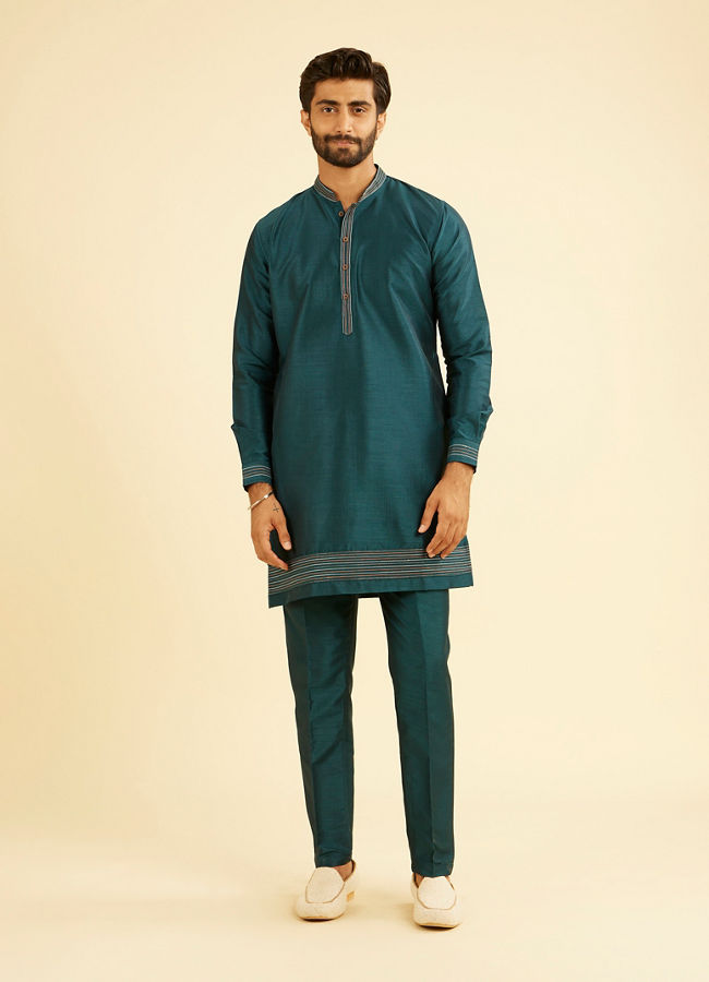 Manyavar Men Elegant Teal Blue Kurta Jacket Set