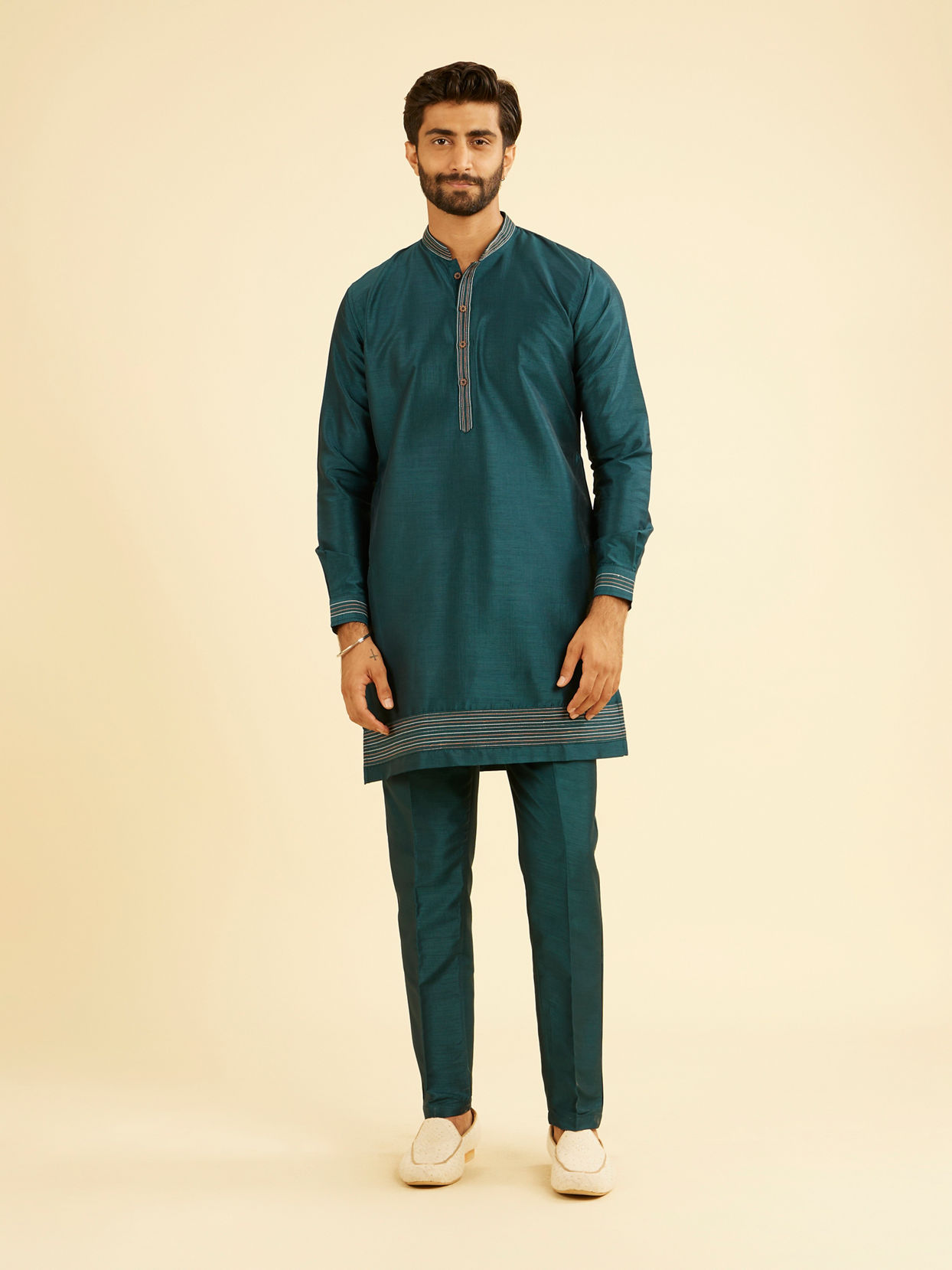 Manyavar Men Elegant Teal Blue Kurta Jacket Set
