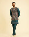 Manyavar Men Elegant Teal Blue Kurta Jacket Set