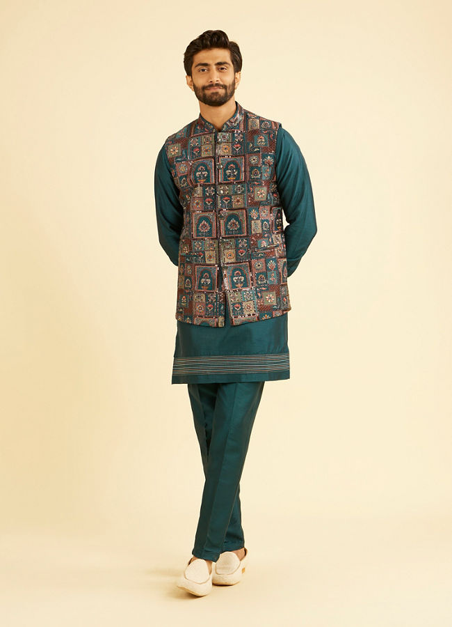 Manyavar Men Elegant Teal Blue Kurta Jacket Set