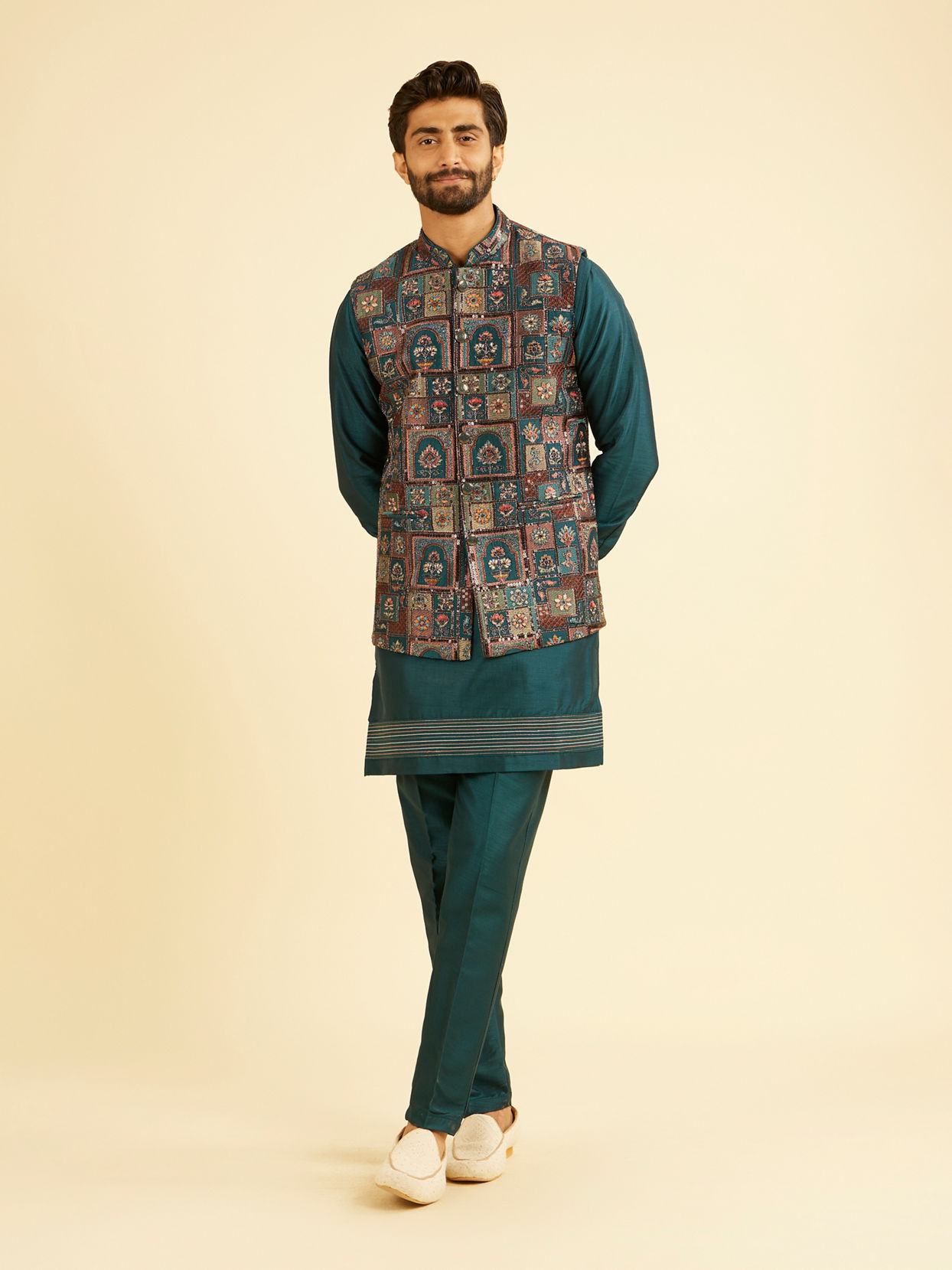 Manyavar Men Elegant Teal Blue Kurta Jacket Set