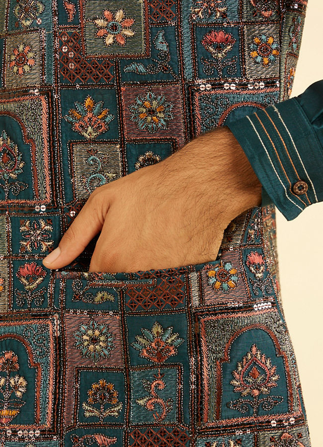 Manyavar Men Elegant Teal Blue Kurta Jacket Set
