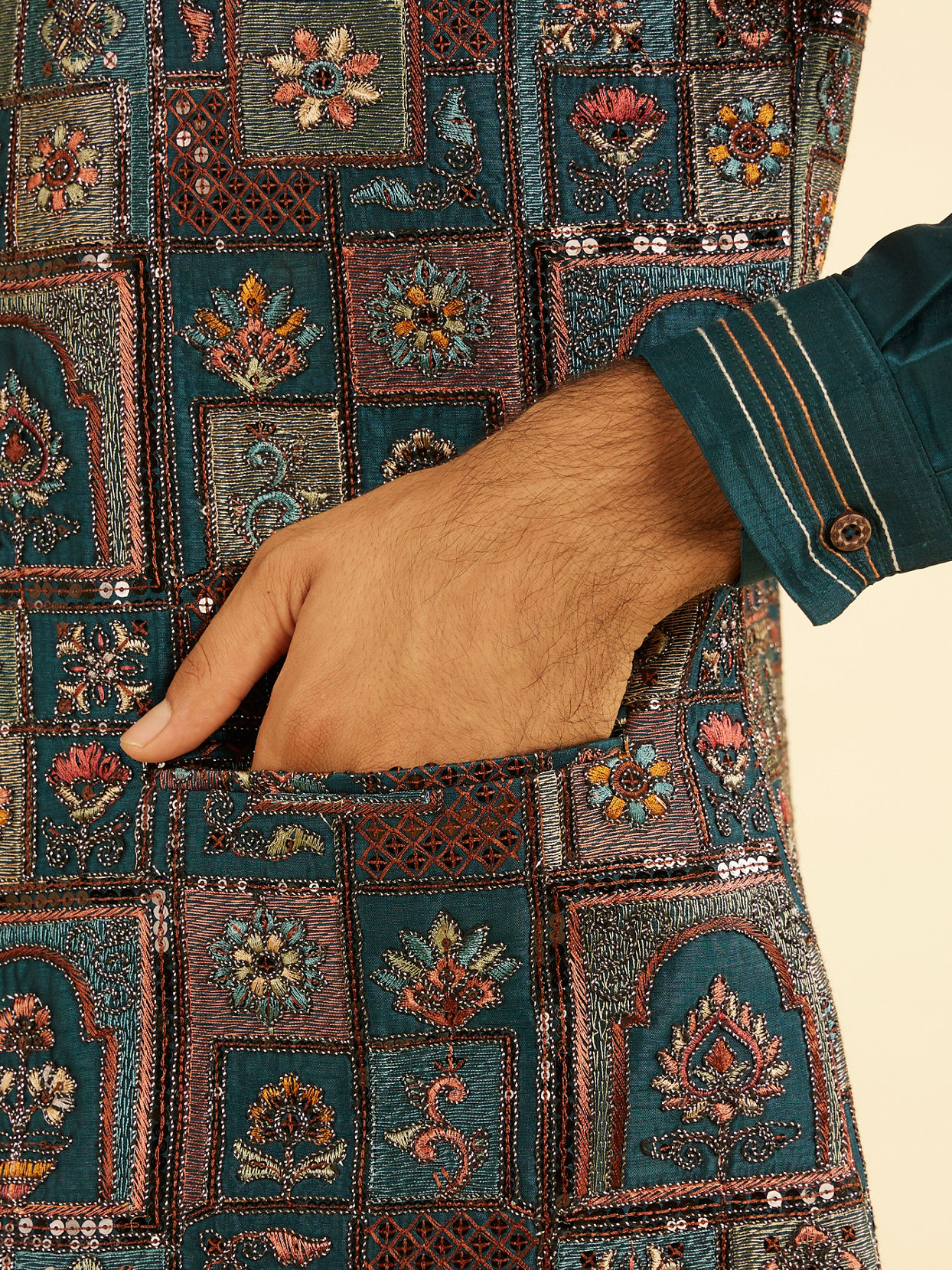 Manyavar Men Elegant Teal Blue Kurta Jacket Set