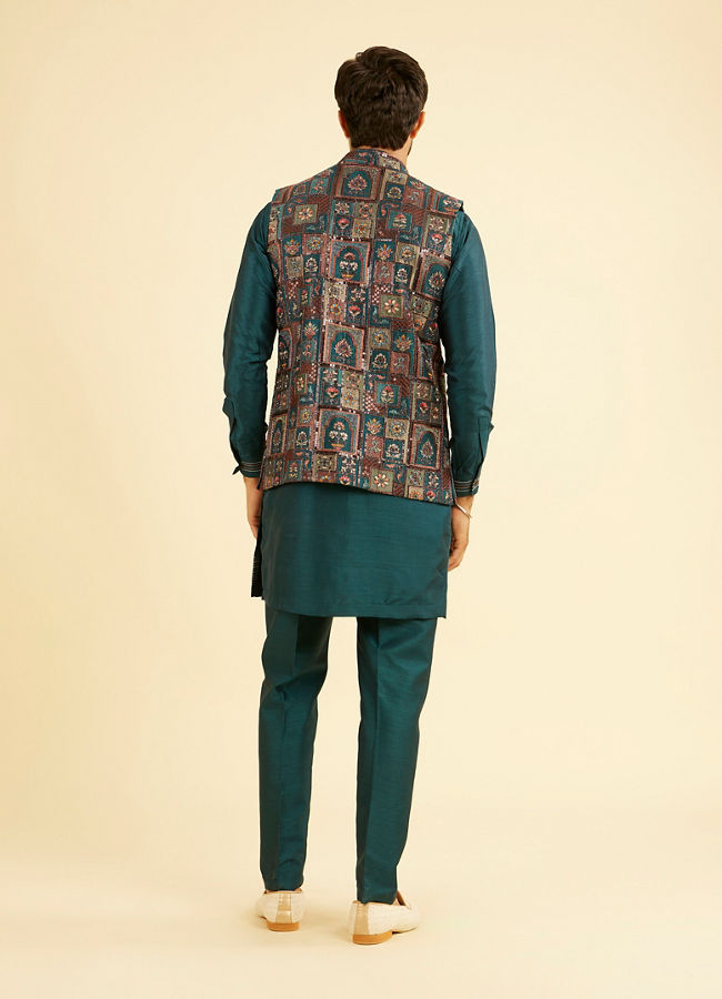Manyavar Men Elegant Teal Blue Kurta Jacket Set
