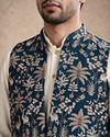 Manyavar Men Blue Silk & Blended Linen Kurta Jacket Set with Thread Embroidery