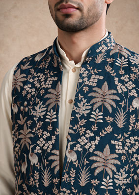 Manyavar Men Blue Silk & Blended Linen Kurta Jacket Set with Thread Embroidery