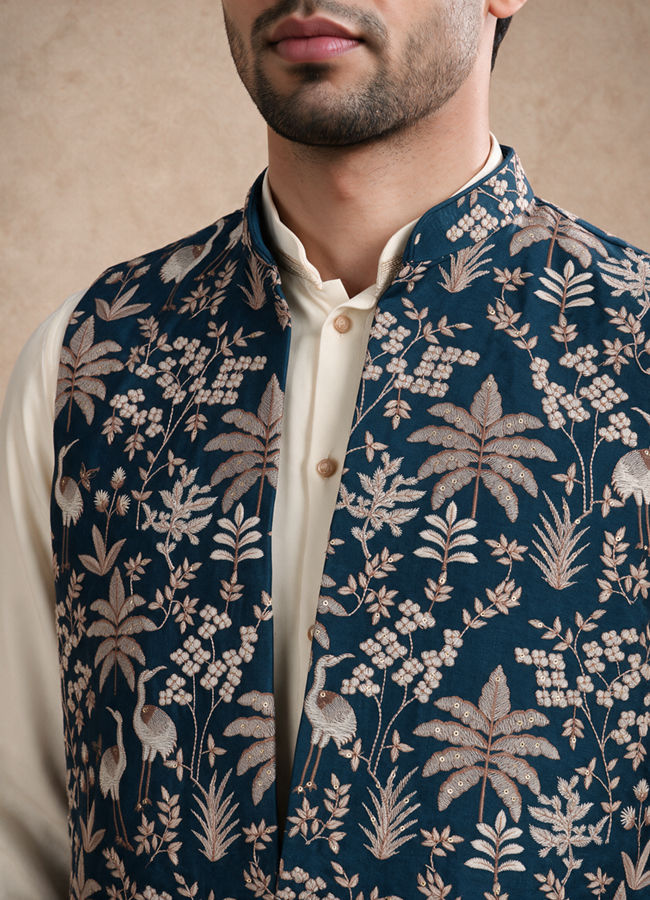 Manyavar Men Blue Silk & Blended Linen Kurta Jacket Set with Thread Embroidery