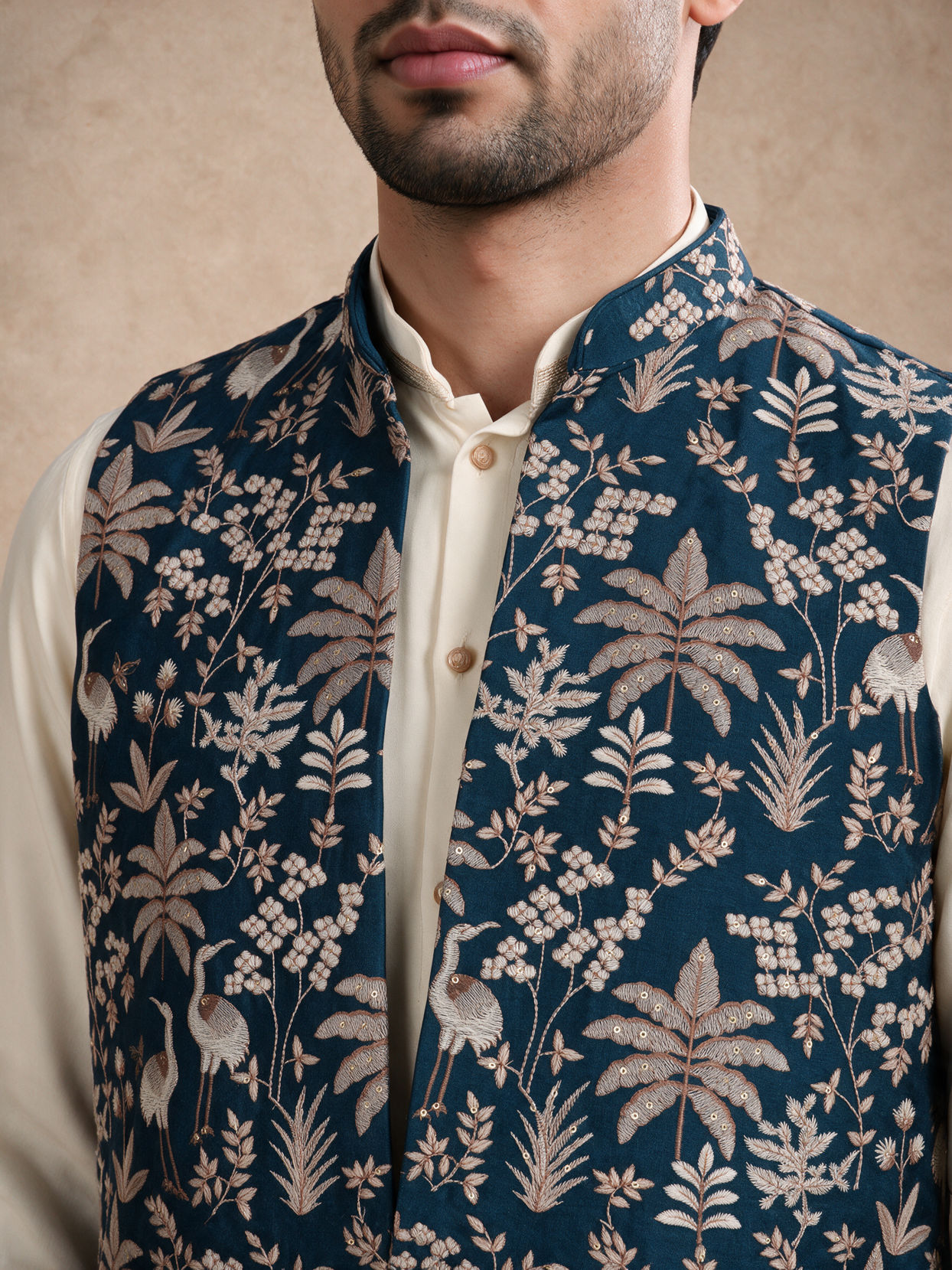 Manyavar Men Blue Silk & Blended Linen Kurta Jacket Set with Thread Embroidery