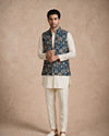 Manyavar Men Blue Silk & Blended Linen Kurta Jacket Set with Thread Embroidery