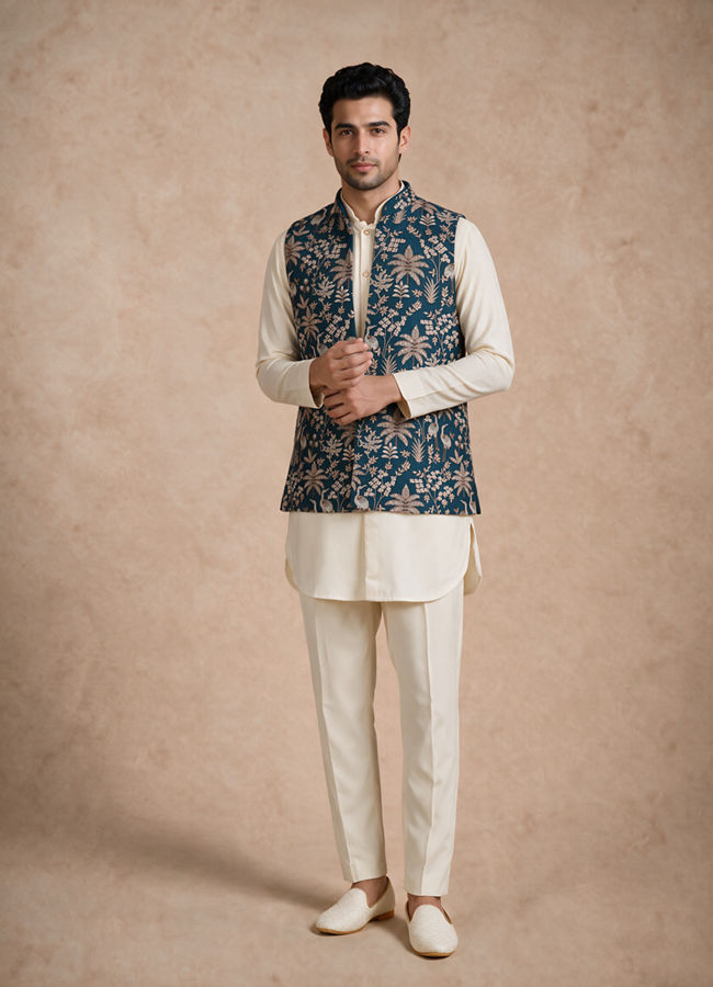 Manyavar Men Blue Silk & Blended Linen Kurta Jacket Set with Thread Embroidery