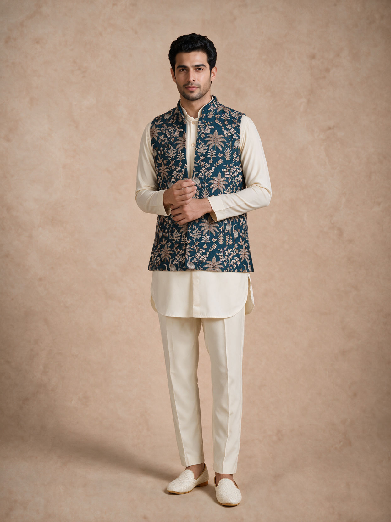 Manyavar Men Blue Silk & Blended Linen Kurta Jacket Set with Thread Embroidery