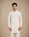 Manyavar Men Blue Silk & Blended Linen Kurta Jacket Set with Thread Embroidery